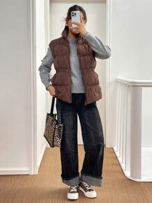 SHEIN Essnce Chaleco con cordón en la cintura para mujer, color café, chaquetas de mujer de otoño, ropa de mujer de otoño/invierno, chaqueta con cordón, abrigo acolchado - Café integral - Ver 5