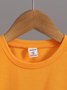 SHEIN 2 件套年轻男孩字母印花圆领短袖上衣和抽绳短裤休闲装 - 芥末黃 - 查看 6