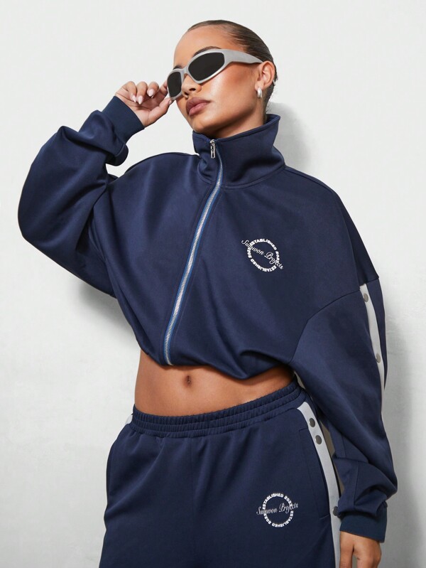 SUMWON WOMEN Athletic Cropped Full Zip Track Jacket Retro Sport Streetwear Workout Activewear Training Sweatshirt Athleisure Fall Winter Gym Top