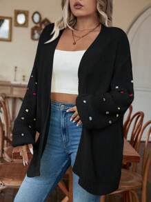 EMERY ROSE Plus Size Nữ Bóng Mờ Nhiều Màu Sắc Rớt Vai Tay Dài Hở Mặt Trước Áo Cardigan Thường Ngày, Mùa Đông - màu đen - Xem 3