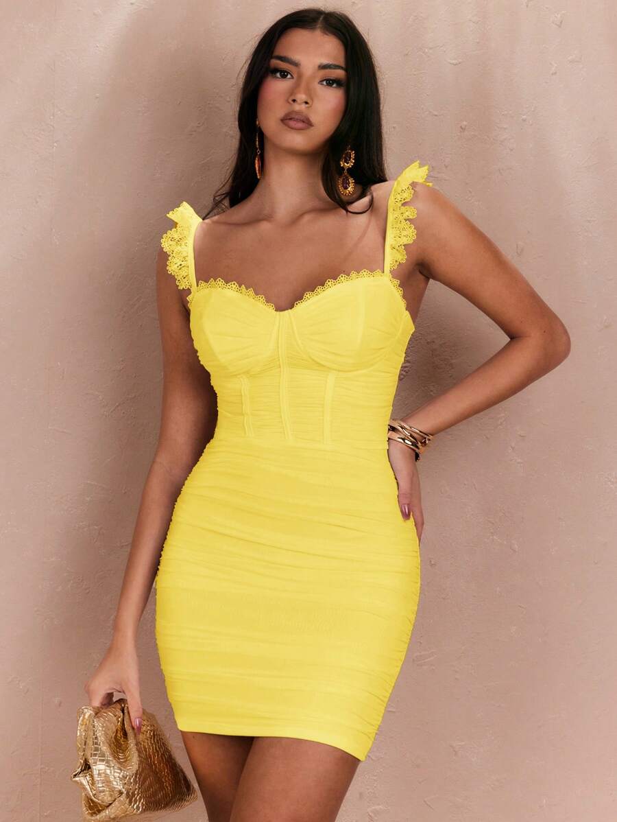 SHEIN BAE Đầm ren phối ren xù lưới mini dành cho bữa tiệc & kỳ nghỉ gợi cảm - Màu vàng - Xem 1