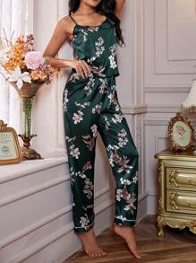 Floral Print Contrast Piping PJ Set / Pajama Set, Vacation