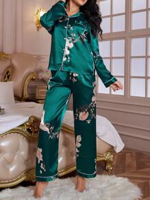LuxeNights Floral Print Contrast Piping Satin PJ Set / Pajama Set, Fall Winter Clothes