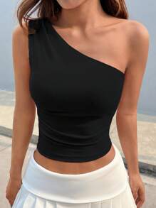 SHEIN EZwear Top asimmetrico senza maniche di colore unito, indossabile casualmente tutti i giorni - nero - Visualizzare 3