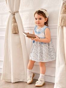 SHEIN Baby Girl Ditsy Floral Ruffle Trim Round Neck Sleeveless Cute Dress - Multicolor - View 3