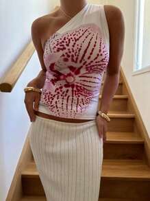 INAWLY Plus Size Women Floral Print Asymmetrical Neck Sleeveless Top - White - View 4