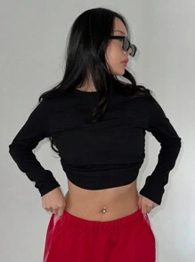 DAZY Camiseta de mujer de unicolor con espalda descubierta y lazo, top halter, volantes, ropa de otoño con mangas largas