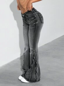 SHEIN ICON Frayed Hem Washed Flared Jeans - Grey - View 6