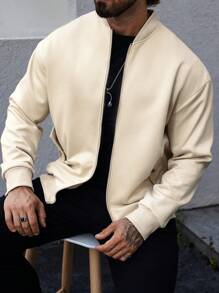 Manfinity Homme Men's Zipper Pocket Long Sleeve Solid Color Simple Casual Fashion Jacket Coat For Everyday Wear, Back To School - Apricot - View 4