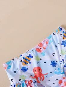 Cô Gái Trẻ Hoạt Hình Bạch Tuộc In Ruffle Hem Bikini Set Bãi Biển Mùa Hè - Nhiều màu - Xem 4