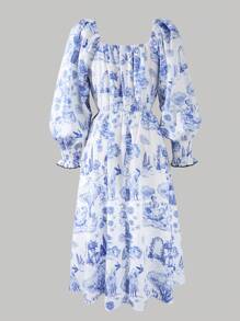 Puff Sleeve Floral Print Dress For Teenage Girls, Long Sleeve Vacation Dress - White - View 6