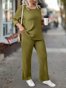 2pcs Plus Size Women's Solid Color Minimalist Everyday Round Neck Long Sleeve Top And Pants Set - Green - View 7