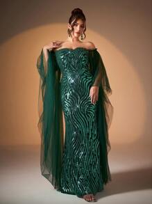 大码露肩荷叶边双层蝴蝶袖拼接金属亮片修身美人鱼连衣裙，长袖正式晚礼服，适合婚礼宾客晚宴 - 墨綠色 - 查看 1
