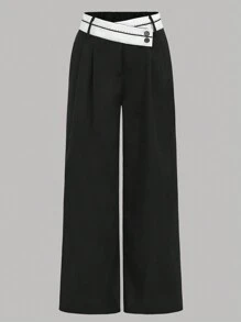 SHEIN Teen Girls' Black And White Color Block Overlap Belted High Waist Wide Leg Loose Fit Trousers For Office, Casual And Campus