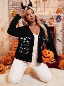 SHEIN LUNE Chaqueta de punto holgada de manga larga con estampado de letras y dibujos animados para mujer talla grande otoño/invierno