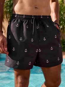 Palasendo Men's Beach Shorts Drawstring Waist Front Tie Pocket Allover Print Resort Casual Hawaiian, Men Swim Trunk Matching, Manfinity Vdayz Swim Trunks, Manfinity Swim Shorts, Black Swim Shorts Men - Black - View 4