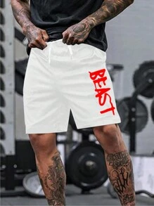 Gym Rark Boyfriend Style Men's Letter Print Drawstring Pocket Sport Shorts, Summer School Sweat Pants - White - View 4