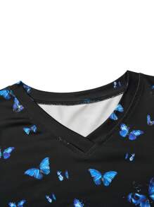 TaskEZ 蝴蝶印花 V 领短袖休闲上衣、手术服上衣 - 黑色 - 查看 6