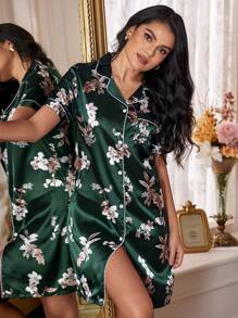 全身花卉印花撞色缎面睡裙 睡衣裙 Luxeloungewear - 彩色 - 查看 5