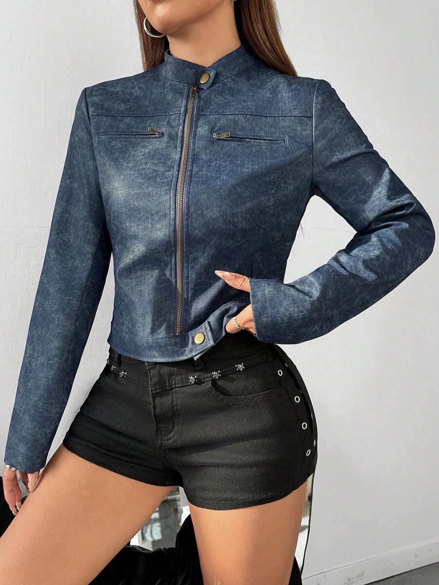 Muchica Áo khoác dệt denim tay dài cài nút phía trước cho nữ, mặc thường ngày - Rửa tối - Xem 1