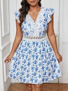 SHEIN Frenchy Plus Size V-Neck Blue Floral Lace Patchwork Dress For Women - Multicolor - View 5