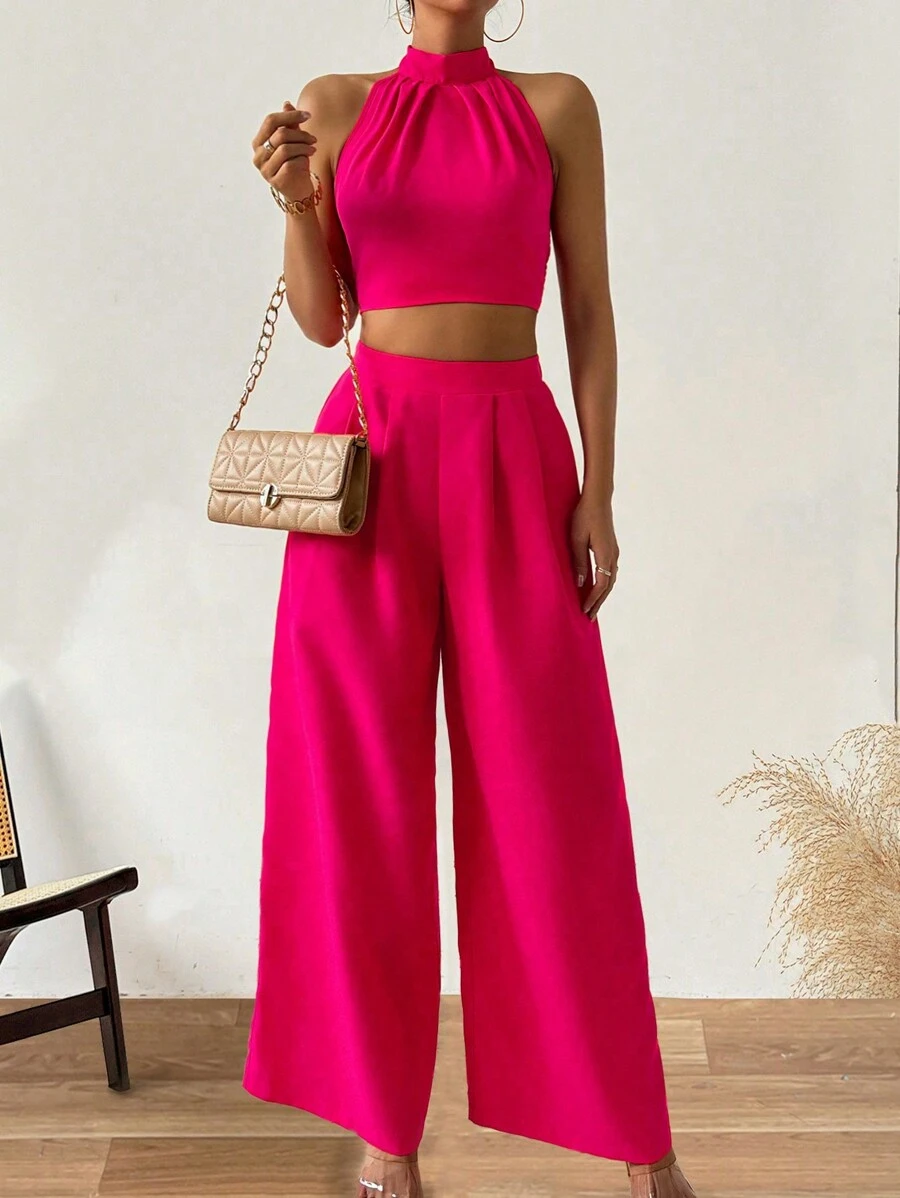 Chiquease Women's Solid Color Halter Top And Wide Leg Pants Set - Hot Pink - View 1