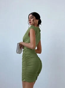 Firerie Women Minimalist Stand Collar Cap Sleeve Ruched Apricot Bodycon Mini Dress - Green - View 2