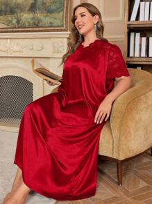 Vestido largo de seda sintética con diseño de encaje transparente para talla grande, ideal para vacaciones