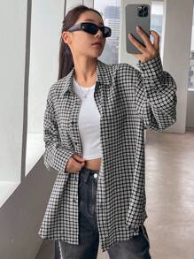 DAZY 女士休闲格子宽松落肩衬衫春夏季法兰绒女装秋季女装长袖上衣 - 黑色 - 查看 6