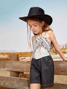 SHEIN 2 Packs For Young Girl, Style Pattern Design, Square Scarf Tube Top With Inner Chest Wrap Bellyband, Short Suspender Top + Solid Color Denim Work Shorts - Black and White - View 3