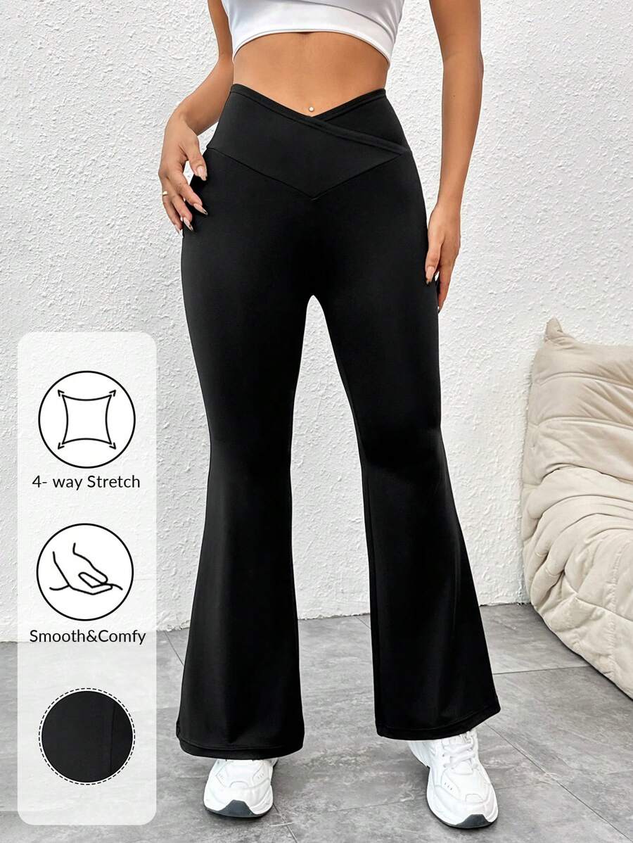 SHEIN PETITE 2024全新夏季簡約純色包覆高腰喇叭褲 - 黑色 - 查看 1