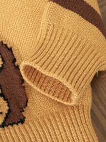 Baby Boy 1pc Striped Pullover Sweater With Jacquard Lion Pattern, Long Sleeve Casual Knitwear - Yellow - View 3
