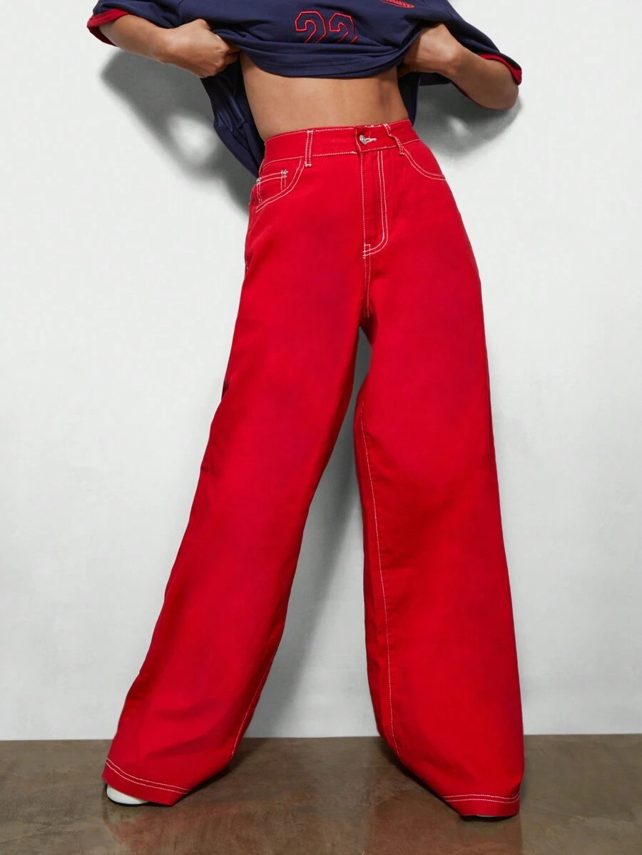 SUMWON WOMEN Jean ống rộng có đường khâu tương phản - Đỏ - Xem 1