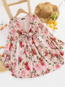 SHEIN VCAY Wakacyjna damska krótka sukienka z kwiatowym nadrukiem i wiązaniem z przodu - Wielokolorowe - Zobacz 5