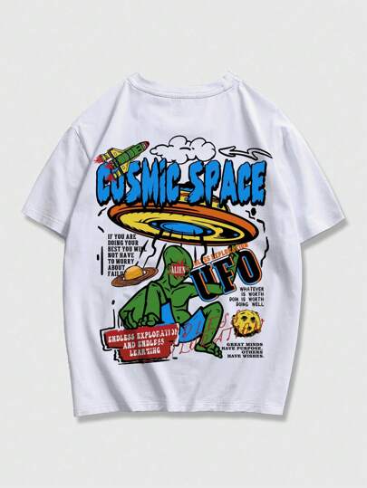Street Life Men Alien & Slogan Graphic Y2k T-Shirt, School