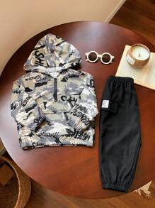 SHEIN 2 piezas Conjunto de chaqueta con capucha y pantalón de chándal con estampado de letras y camuflaje de color contrastante para niño bebé, casual y deportivo, primavera otoño invierno - Multicolor - Ver 6