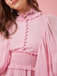 Enchnt Fall Holiday Romantic Elegant Pink Women Simple Solid Color Long Sleeve Mesh Panel Dress For Daily Wear