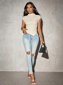 SHEIN SXY Summer;Women Spring Solid Color Asymmetric Hem Knitted T-Shirt