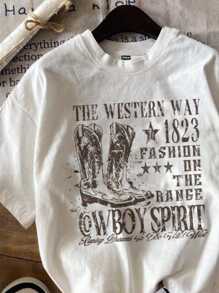 Attitoon Western Boot Print Fitted Round Neck Short Sleeve Women's T-Shirt, Summer, Cotton Blend