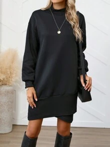 SHEIN LUNE 女士纯色高领长袖休闲套头连衣裙，春/秋 - 黑色 - 查看 5