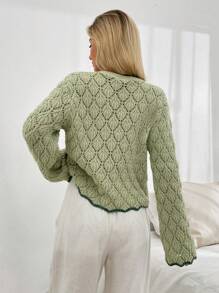 EURMUSE Women Pointelle Knit Round Neck Sweater With Striped Hem - Mint Green - View 3