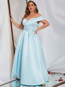 Plus Off Shoulder Split Thigh Belted Satin Dress - Baby Blue - View 3