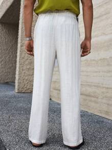 Manfinity Homme Men's Solid Color Pleated Pocket Straight Leg Casual White Linen Pants - Beige - View 2