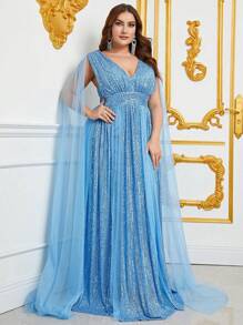 Faeriesty Đầm dạ hội cỡ lớn dành cho nữ, cổ chữ V sâu, tay áo choàng đính sequin, đuôi váy sang trọng - Hoàn hảo cho các buổi dạ tiệc thắt cà vạt đen, sự kiện thảm đỏ, tiệc cưới, tiệc chiêu đãi trang trọng và chụp ảnh cưới. - Màu xanh bạc hà - Xem 3