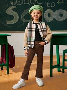 SHEIN Explorewe Chaqueta de forro polar con estampado a cuadros de parche sherpa para niña pequeña, ajuste regular, abrigo acolchado cálido con ribete de canalé - Multicolor - Ver 6