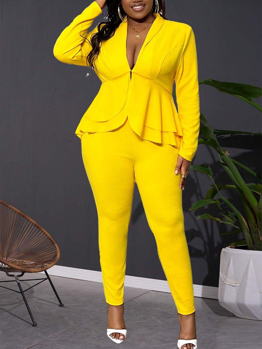 Slaydiva Fall Classic Commuting Women's Plus Size Yellow Women Dresses Yellow Solid Color Waist-Cinching Frilled Hem V-Neck Suit Set - Yellow - View 1