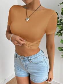 Muchica 女士纯色短袖扭纹后背简约 T 恤，休闲日常穿着