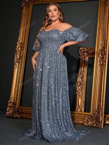 Luxurious Plus-Size Off-The-Shoulder Puff Sleeve A-Line Evening Gown | Sparkling Embellished Formal Dress For Grand Events – Perfect For Black Tie Galas, Red Carpet Evenings, Wedding Guest Attire, Opera Nights & Sophisticated Evening Dinners,Party Dress