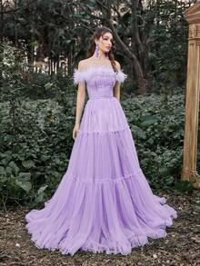 Faeriesty Luxe Gorgeous Off Shoulder Mesh Overlay Maxi Prom Dress - Purple - View 3