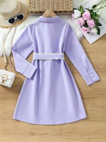 Vestido feminino de manga comprida com cinto e bainha com babados